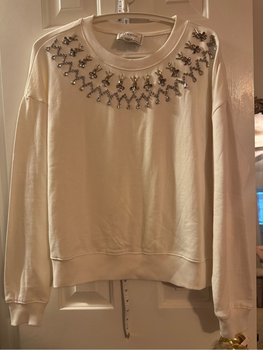 Maeve Anthropologie Embellished Crewneck Sweatshirt Cream Small NWOT